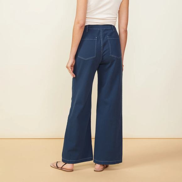 MONROW Cotton Twill Wide Leg Trousers Dark Denim High Rise Stretch Zip 28 NEW - Picture 3 of 13
